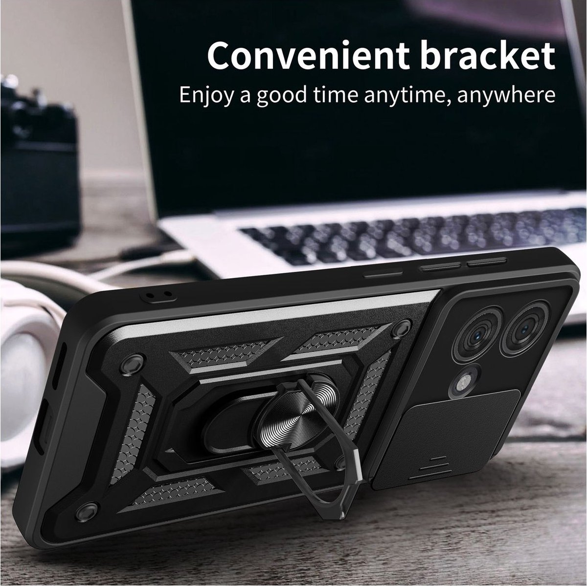 Mobigear Hoesje geschikt voor Motorola Edge 40 Neo Telefoonhoesje Hardcase | Mobigear Armor Ring Cam Slide Backcover Shockproof met Ringhouder en Camera Slider | Schokbestendig Edge 40 Neo Telefoonhoesje | Anti Shock Proof - Zwart
