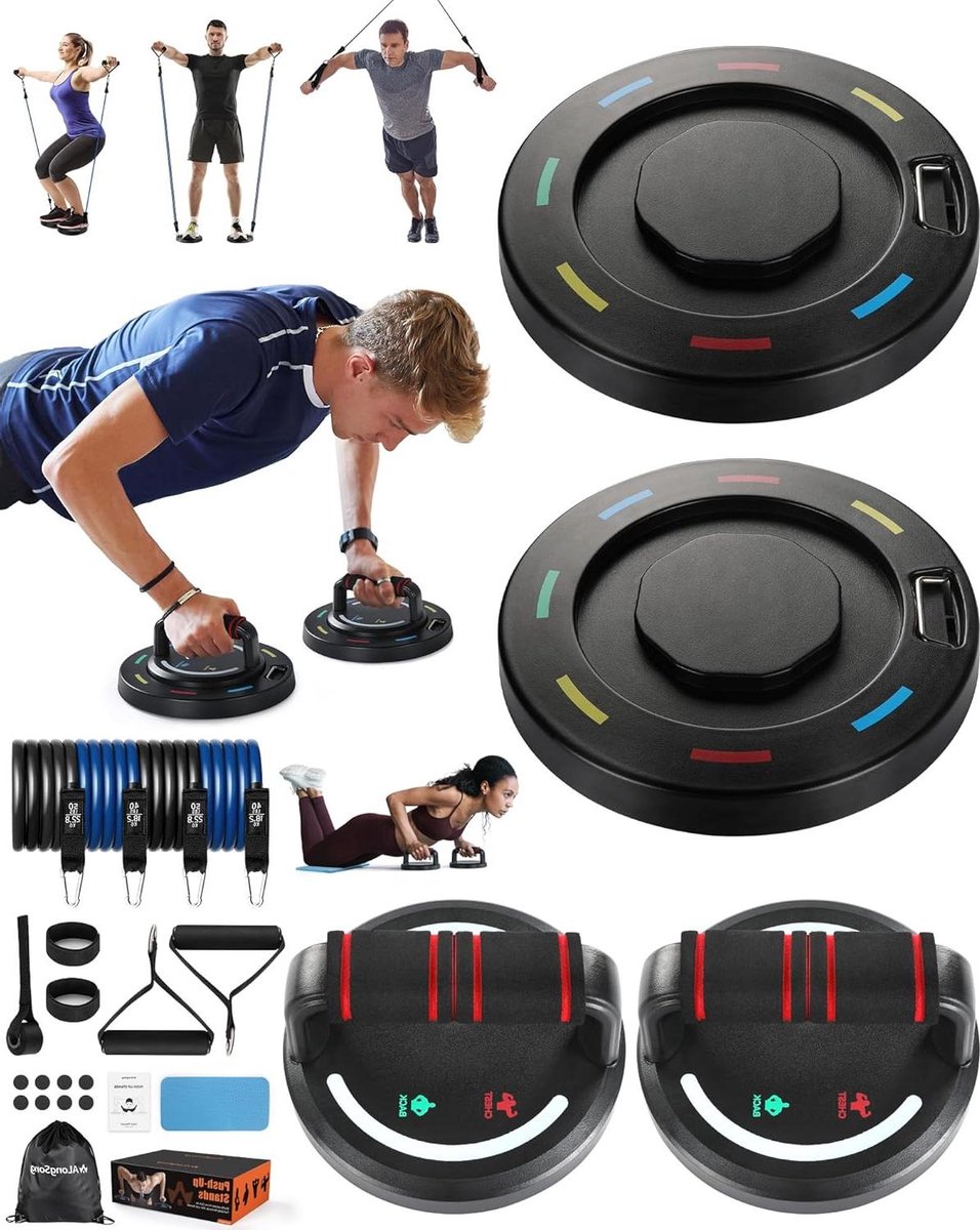 Draagbare Multifunctionele Push-Up Board met Weerstandsband en Abdominale Roller - Arm Spieroefeningen met Handvat - Antislip Mat - 40-180 lbs.