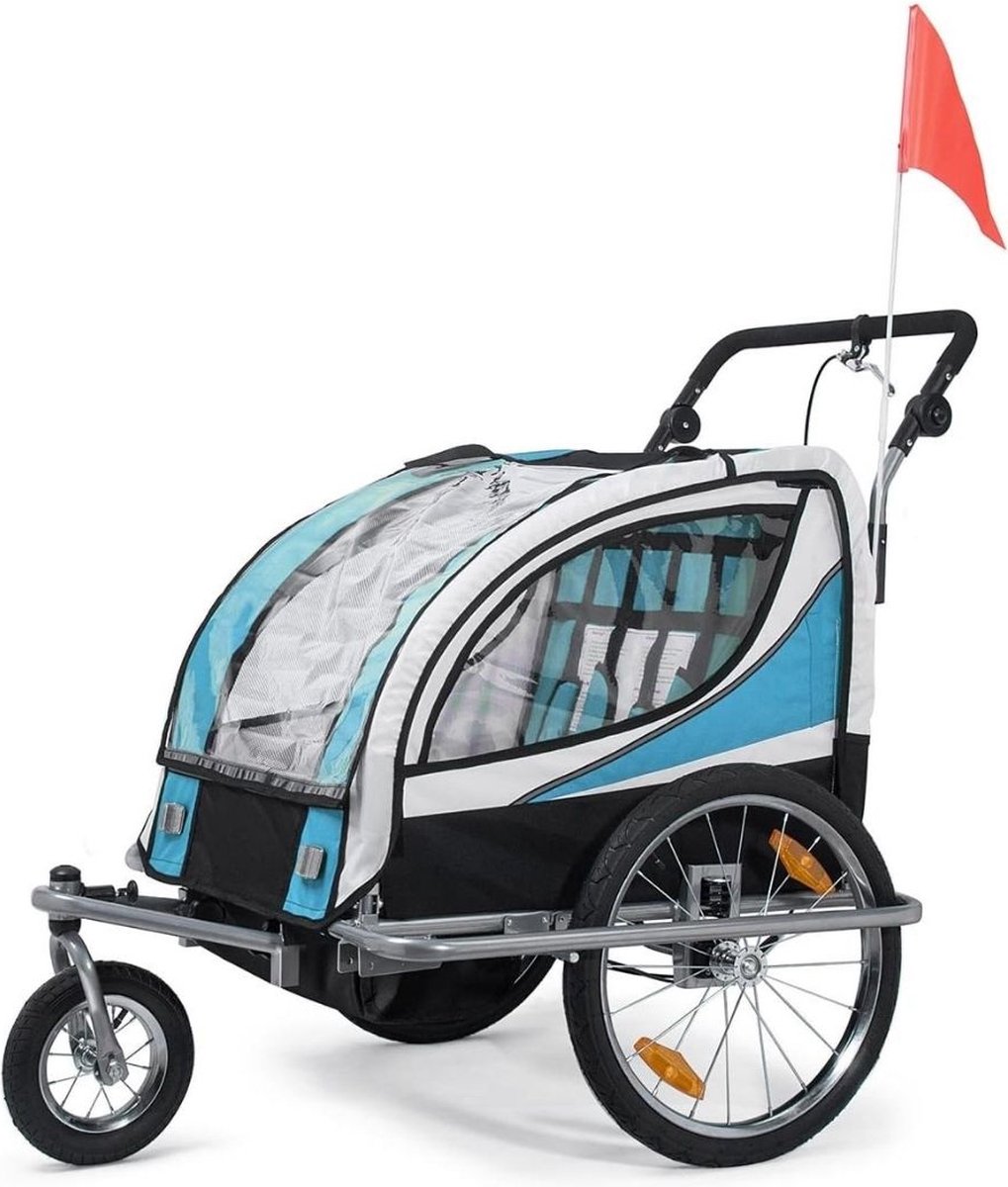 Fietskar Bagage - Fietskar Voor 2 Kinderen - Fietsaanhanger Met Draaibaar Voorwiel - Fietskarren – Aanhangwagen 360 Graden Draaibaar – Blauw/Zwart - 133 x 88 x 108 cm