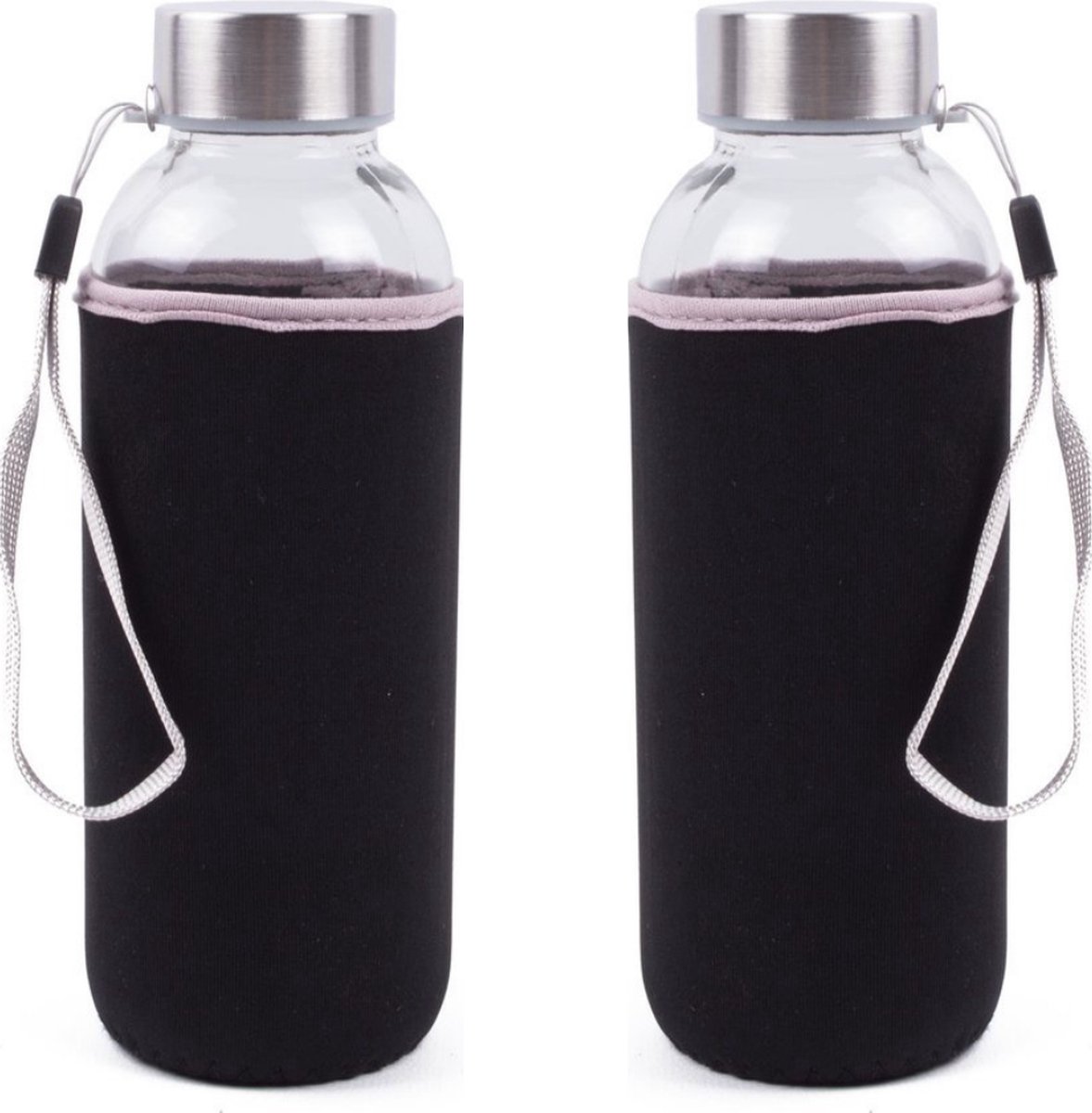 Narvie - Set van 2 Glazen Drinkflessen met Zwarte Softshell Beschermhoes - 420 ml Waterfles - Sportfles/Bidon