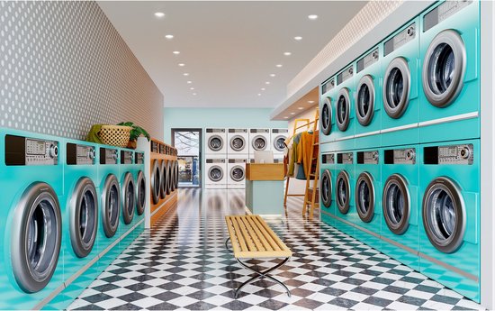 Laundromat met rijen turquoise wasmachines en een zwart-witte tegelvloer.