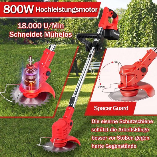 SABUIDDS Accu-grastrimmer, 12 V, 600 W, met 1300 mAh Li-ion accu en oplader, voor gazon, rijst, onkruid, struiken, gerst, voegenreiniger, elektrische voegenkrabber, onkruidborstel, rood