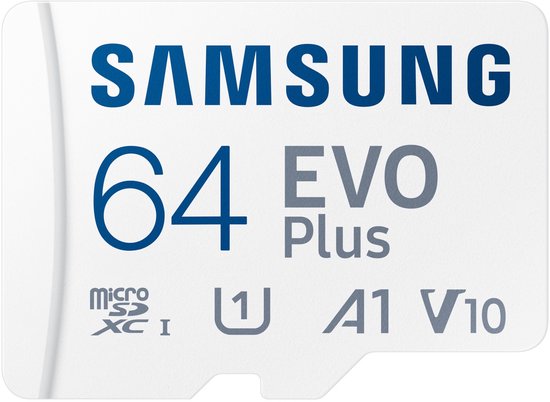 Samsung 64GB EVO Plus MicroSD kaart, met "64 EVO Plus", "microSDXC I", "U1", "A1", "V10".