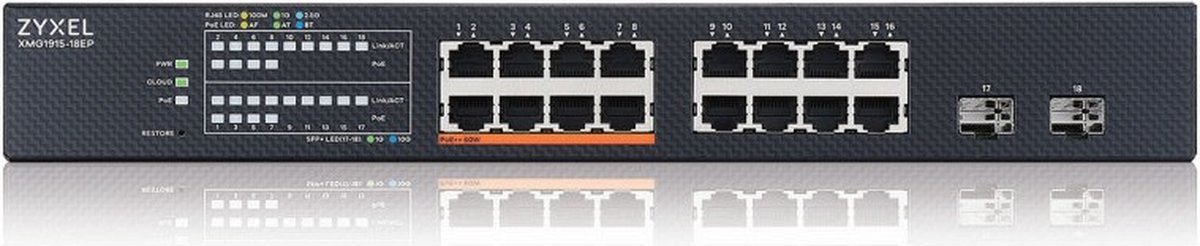 Zyxel XMG1915-18EP Smart Managed Switch 16x 2.5G Ethernet (8x PoE++, max. 180W), 2x 10G SFP+
