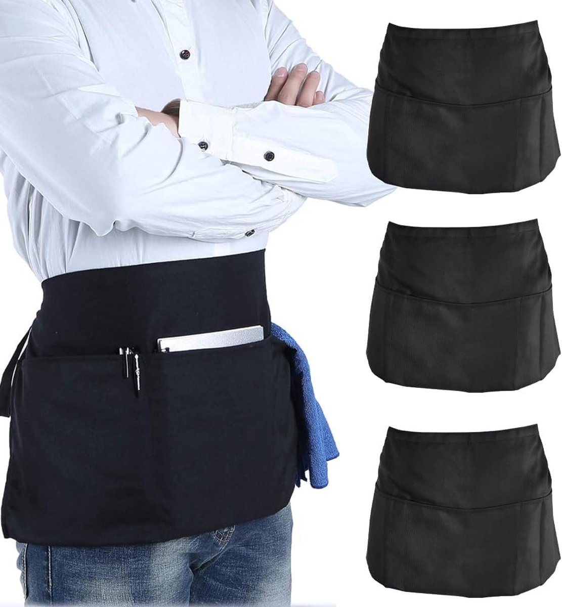 3-delig pre-tie schort kookschort heren dames kort oberschort bakkersschorten met 3 zakken half schort 60 x 30 cm bistroschort zwarte tailleschort voor koken ambachten bakken