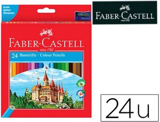 Faber-Castell 24 kleurpotloden met afbeelding van een kasteel, 'Gratis Spitzer Sharpener' en '24 u' vermeld.