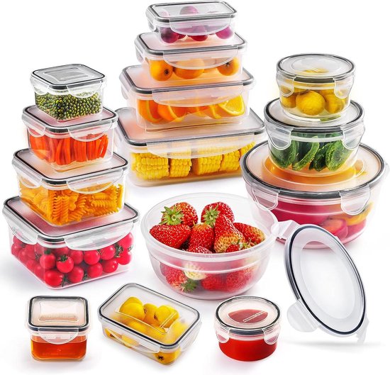 Voorraadpotten Set Van 28: 16 Voorraaddozen Voor Noten, Pasta, Stapelbare Containers Voor Kast En 12 Horizontale Vershouddozen Voor Fruit, Sandwiches, Ideaal Voor Koelkast En Onderweg, BPA-vrij
