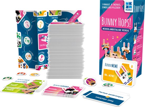 Een spel met kaarten, speelbord, en fiches voor het spel Bunny Hops!
