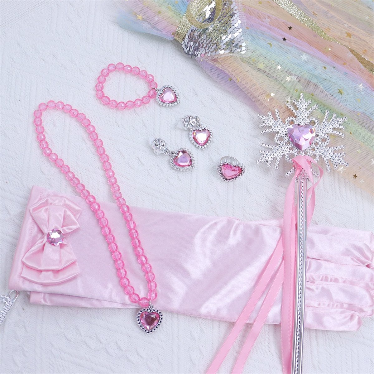 Joya Kids® Verkleedcape met Accessoires Regenboog kleuren | Prinsessencape | Cape Set | Unicorn | Meisje Verkleedset | Carnvalskleding Meisjes | Met Kroon, Staf, Handschoenen en Sieradenset — afbeelding 6