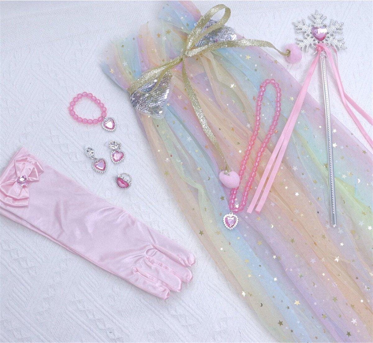Joya Kids® Verkleedcape met Accessoires Regenboog kleuren | Prinsessencape | Cape Set | Unicorn | Meisje Verkleedset | Carnvalskleding Meisjes | Met Kroon, Staf, Handschoenen en Sieradenset — afbeelding 11
