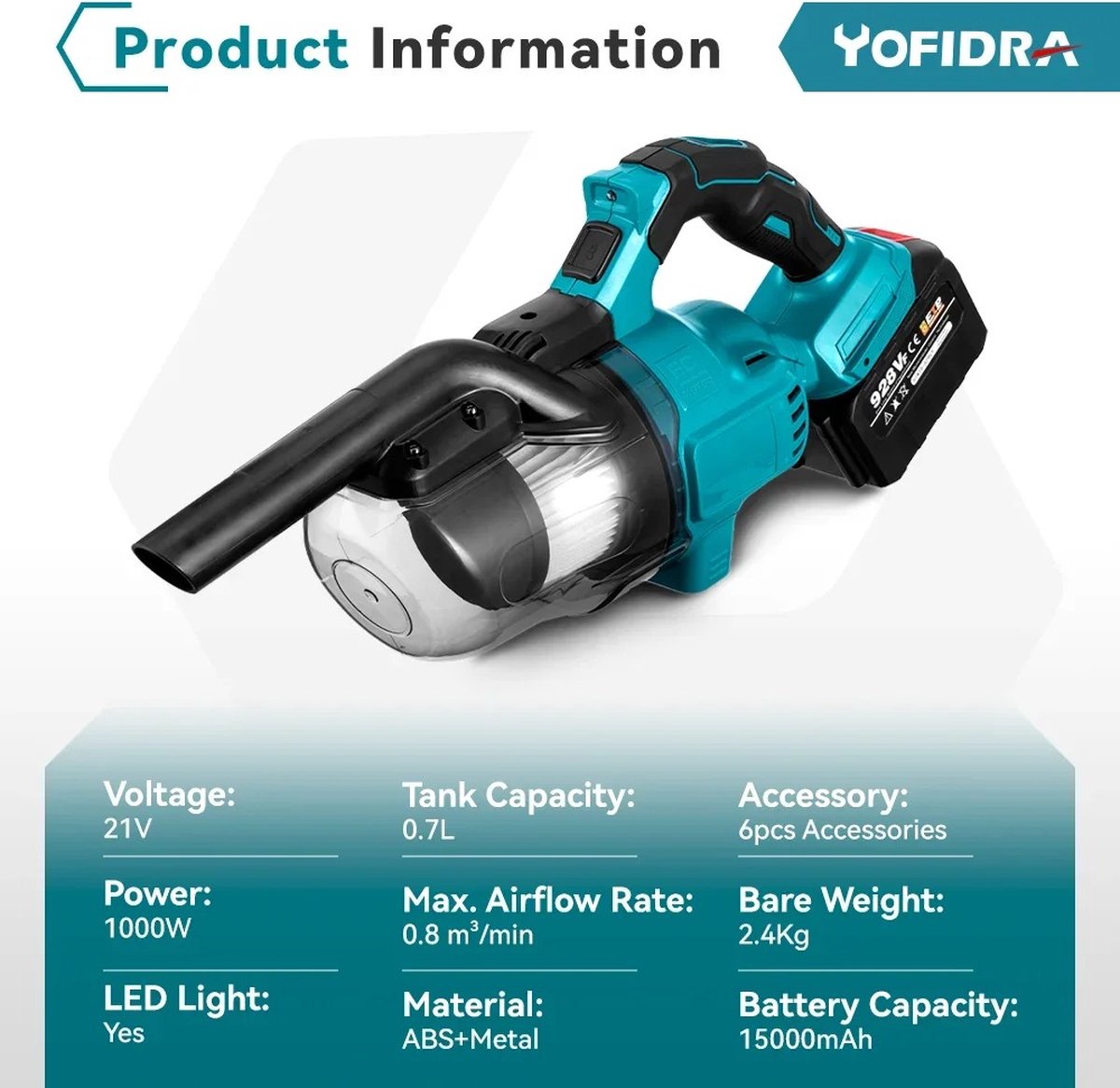 Vevor Draadloze Handstofzuiger met 2 Batterijen 1000W Blauw - afbeelding 2