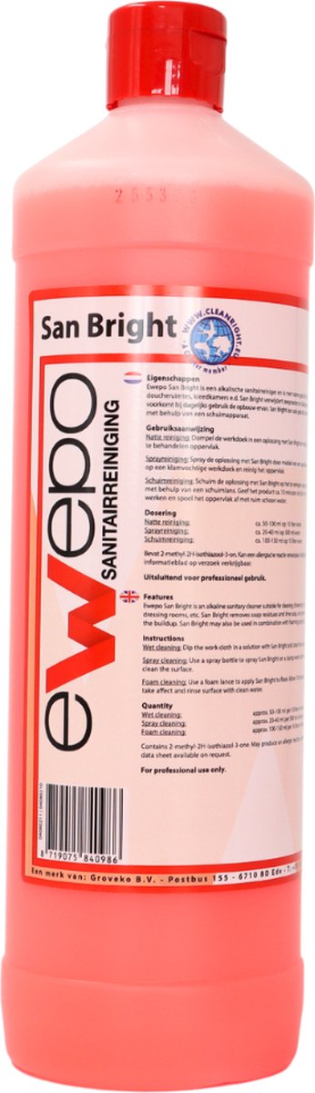 Goedkoopste Ewepo San Bright sanitairreiniger 1 liter Ewepo - Rood - Vloeistof - Verwijdert zeepresten en kalkzeep