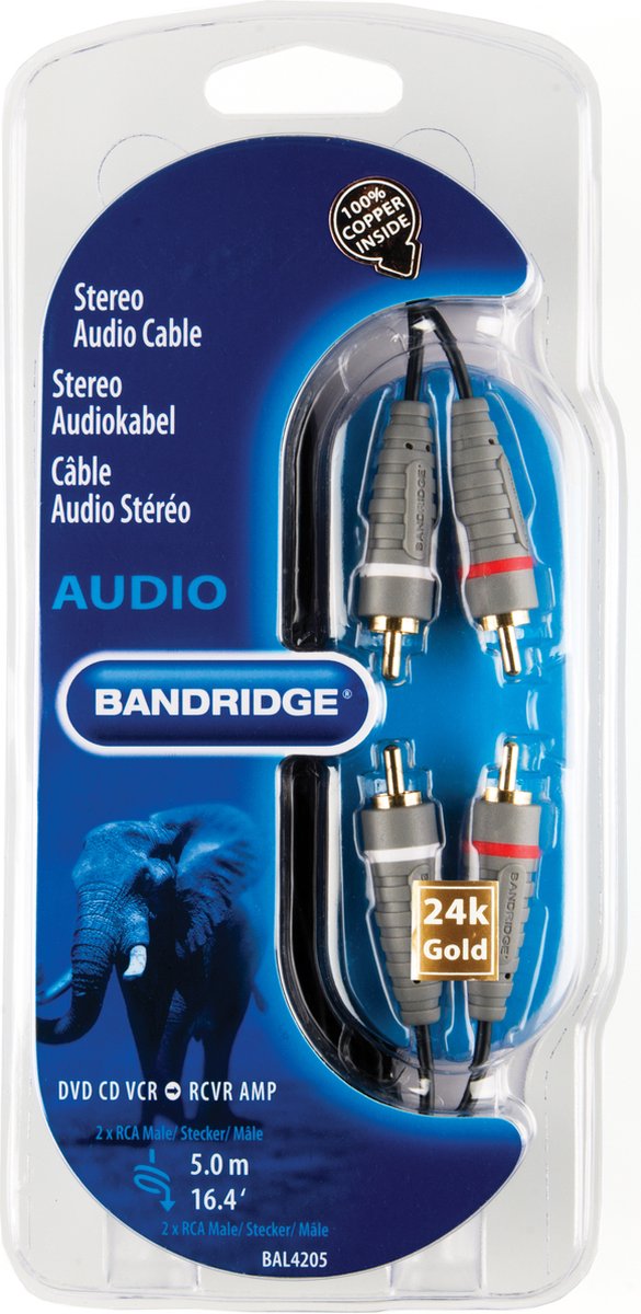 Bandridge - Stereo Audiokabel 2x RCA Male - 2x RCA Male - 5 meter