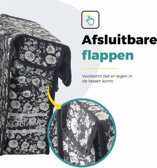 Voltano Dubbele Fietstas Midnight Blossom - Zwart Met Bloemen - 38 Liter - 100% Waterdicht Polyester - Vrolijke Fietstassen van Voltano — afbeelding 4