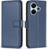 Étui de téléphone bleu en cuir ouvert, avec découpe pour appareil photo et fermeture magnétique.