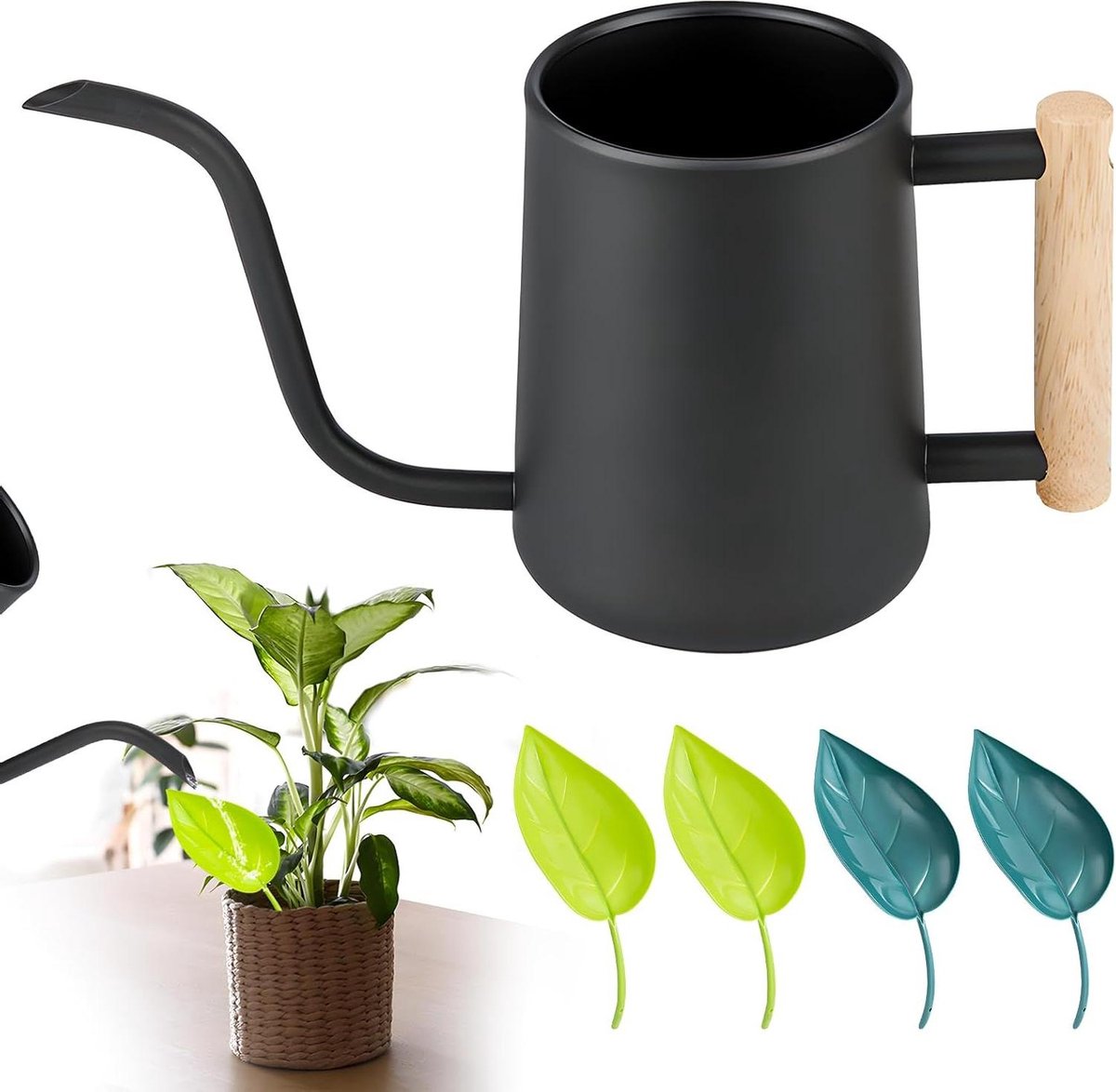Zwarte indoor gieter - roestvrijstalen gieter met lange uitloop - comfortabel houten handvat - buitenplanten kamerplanten vetplanten