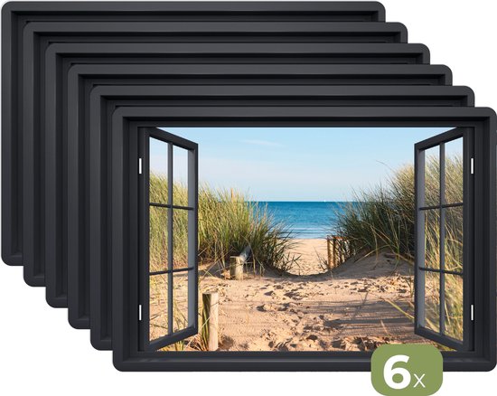 Foto: Placemats 6 stuks 45x30 cm placemat kunststof doorkijk strand zee zand water helmgras duinen borden onderleggers decoratie voor op tafel keuken tafeldecoratie accessoires vinyl onderlegger tafelversiering