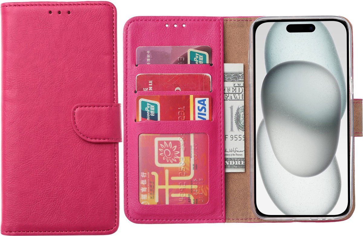 Hoesje Geschikt voor iPhone 15 – Arara bookcase met pasjeshouder- Roze