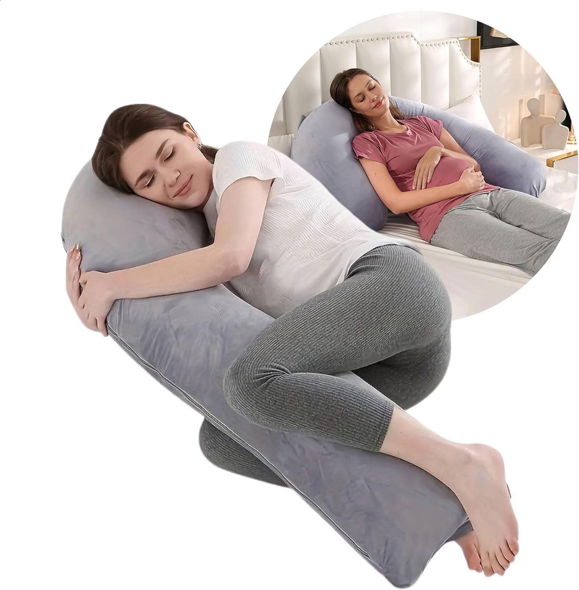 Goedkoopste Zwangerschapskussen XXL J-vormig Lichaamskussen Grijs 140 x 80 cm Uitwasbare hoes - Zijslaapkussen Voedingskussen Borstvoedingskussen Body pillow voor Zwangere Vrouwen