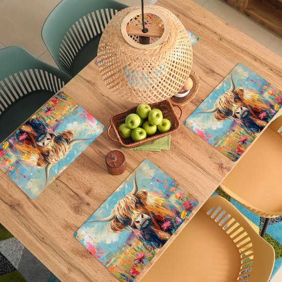 Napperons - 6 pièces - 45x30 cm - Set de table en plastique - Highlander écossais - Nature - Coloré - Fleurs - Sets Assiettes - Décoration pour la table - Accessoires de décoration de table de Cuisine - Tapis en Vinyl - Décoration de table