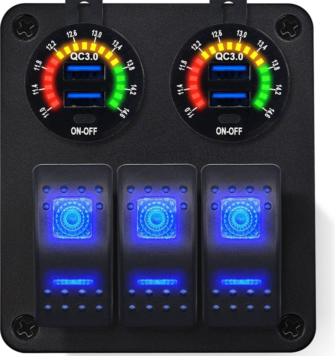 ProRide Schakelpaneel 12V voor Auto/Boot - USB Stopcontact 4 Poorten met Schakelaar/Voltmeter - QC3.0 - 3 schakelaars
