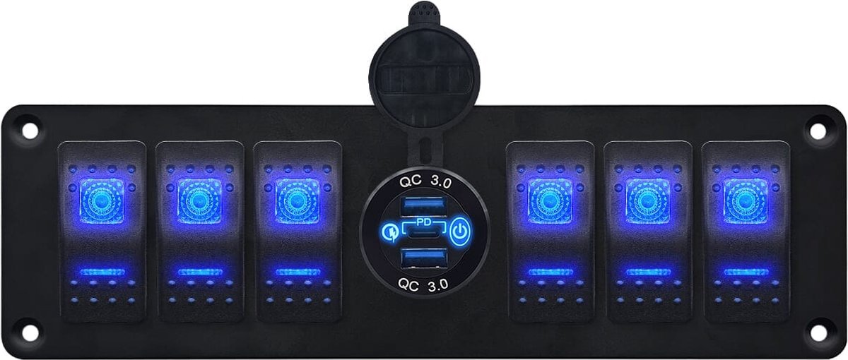 ProRide Schakelpaneel 12V voor Auto/Boot - USB Stopcontact 3 Poorten met Schakelaar - QC3.0 - 6 schakelaars - Blauw