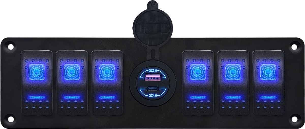 ProRide Schakelpaneel 12V voor Auto/Boot - USB Stopcontact 2 Poorten - QC4.0 - 6 schakelaars - Blauw