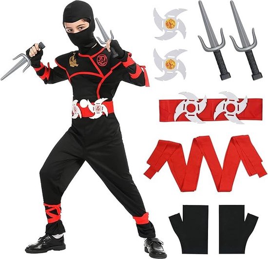 13 Delige Ninja Verkleedset voor Kinderen - Maat XL - Veilig en Comfortabel Kostuum voor Feesten - Inclusief Ninja Zwaard, Masker, Shuriken en Meer - Gemaakt van Hoogwaardige Materialen - Perfect voor Verjaardagen - Halloween en Rollenspellen