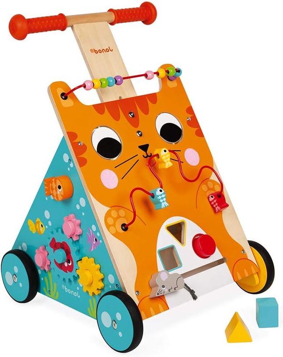 Loopwagen baby houten activiteit baby walker-kat duw langs speelgoed met rem en in hoogte verstelbaar handvat eerste stappen leren lopen vanaf 12 maanden oud J08005 loopwagen baby