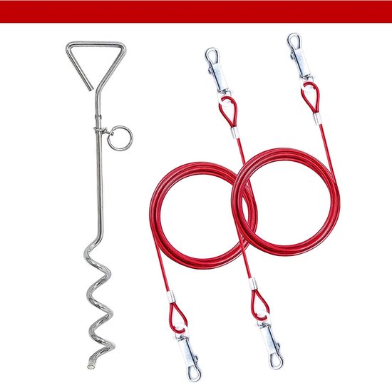 Grondanker hond - 18 meter Hondenkettingen voor buiten - Hond Tie Out Kabel - Heavy Duty Ground Spike Stake - Hond Tether Outdoor - Hond Camping Accessoires - Kabel & Spel - 6 ft - Rood Grondanker hond