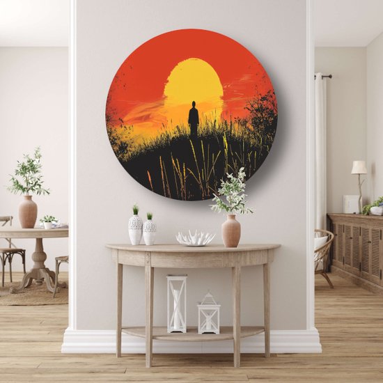 Zonsondergang muurdecoratie rond - Natuur wandcirkel - Schilderij rond Silhouet - Wanddecoratie kinderkamer - Wandbord - Kantoor decoratie muurcirkel forex 70x70 cm