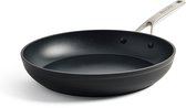 Een zwarte braadpan met een zilverkleurig handvat, van bovenaf gezien op een zwarte achtergrond.