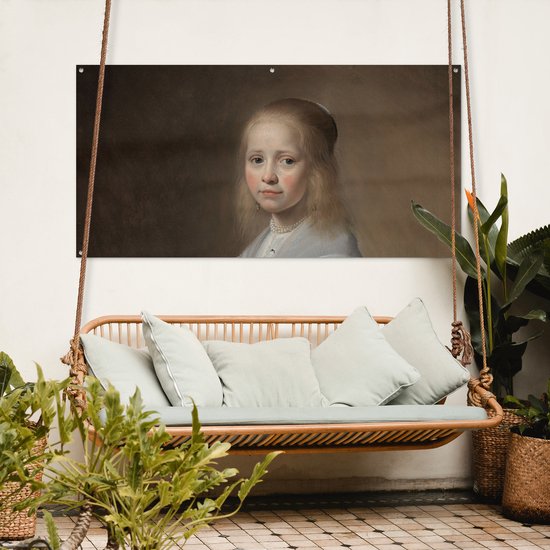 Décoration murale à l'extérieur d'une fille en bleu - Peinture de Johannes Cornelisz. Verspronck - 160x80 cm - Toile de jardin