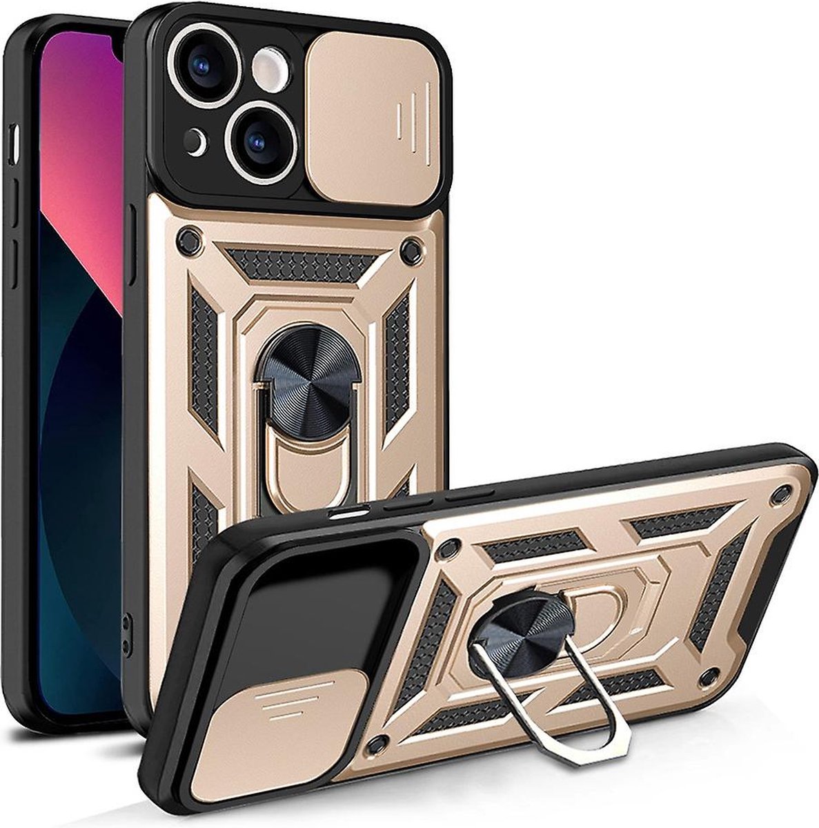 Hoesje geschikt voor iPhone 15 met Ringhouder en Camera schuifje - Arara backcover - Goud