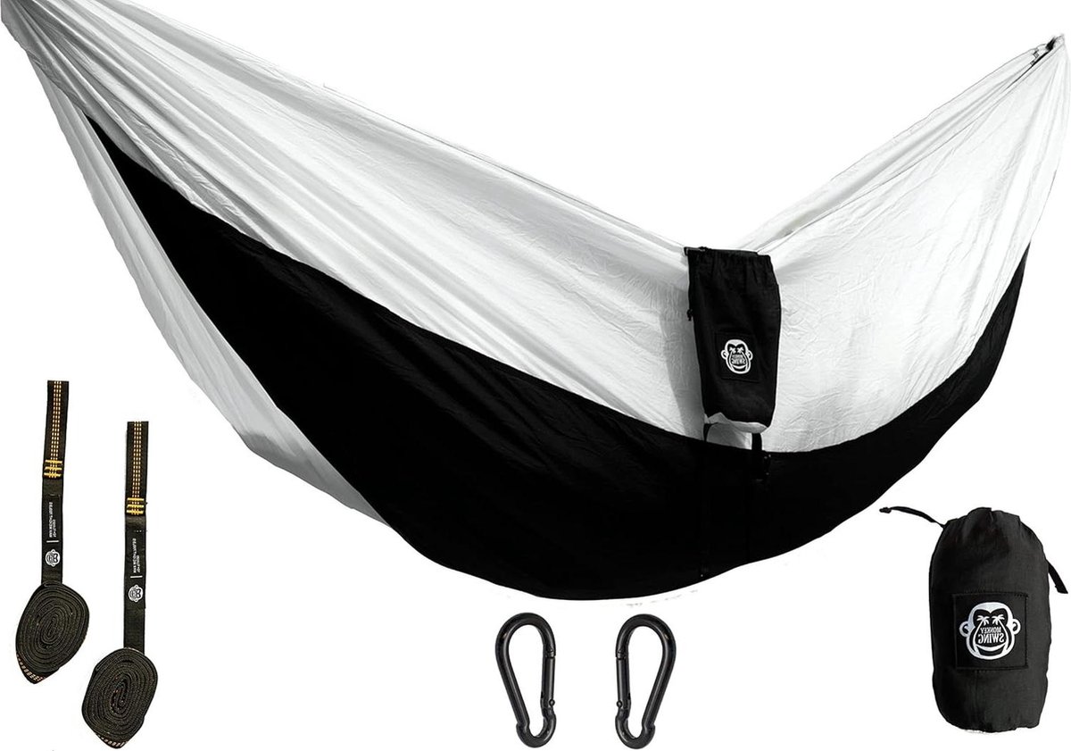 Ultralichte reishangmat 275 x 140 cm 220 kg draagvermogen set met zware bands en karabijnhaken outdoor reizen trekking kamperen tuin strand zwart wit