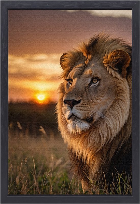 Leeuw wanddecoratie - Dier schilderij - Schilderij op canvas Zonsondergang - Muurdecoratie kinderkamer - Schilderijen op canvas met baklijst - Woonkamer accessoires canvas met baklijst 60x90 cm