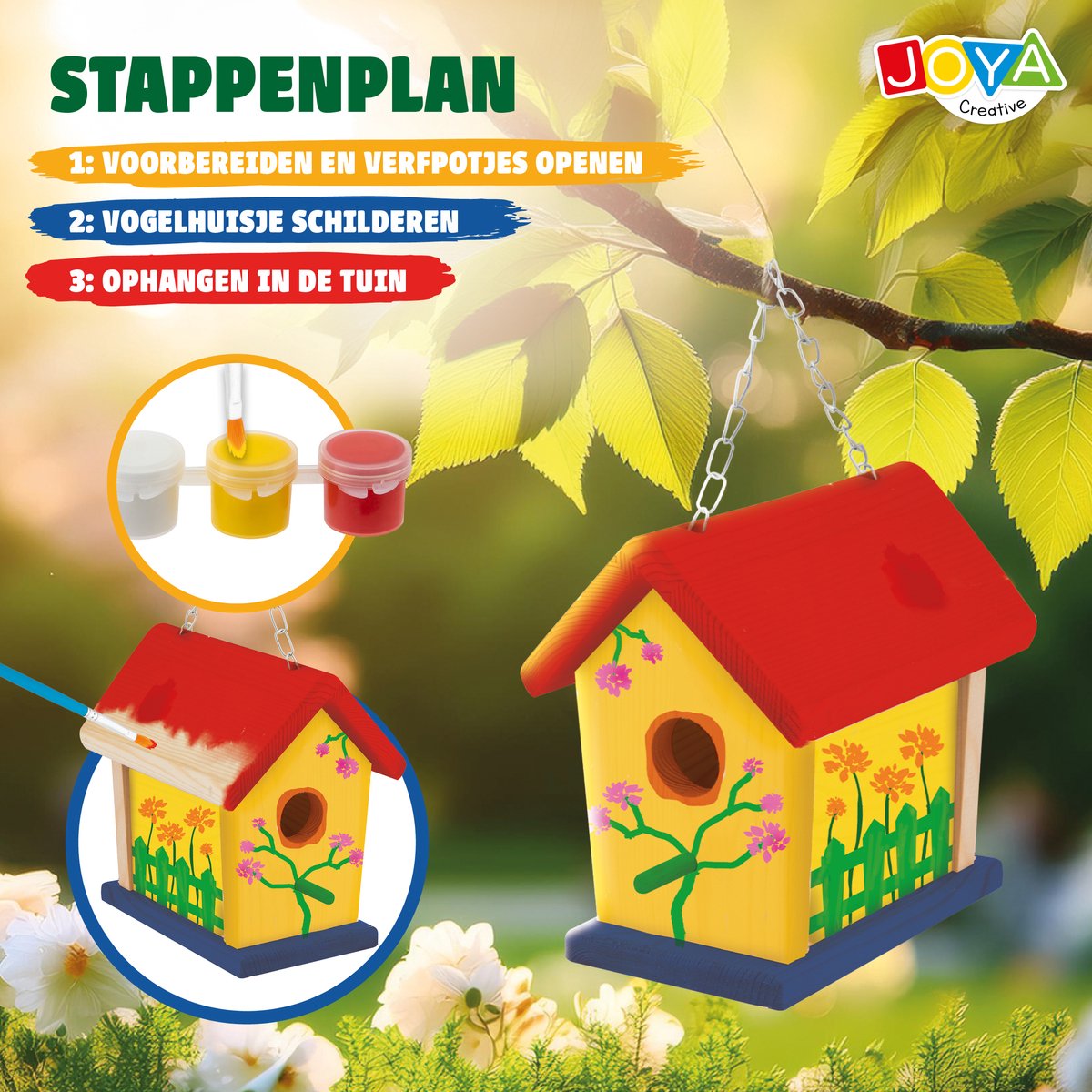 Joya Creative Vogelhuisje Schilderpakket - Knutselpakket voor Kinderen - Knutselen Meisjes - Zelf Bouwen en Schilderen - Houten Vogelhuisje voor in de Tuin — afbeelding 5