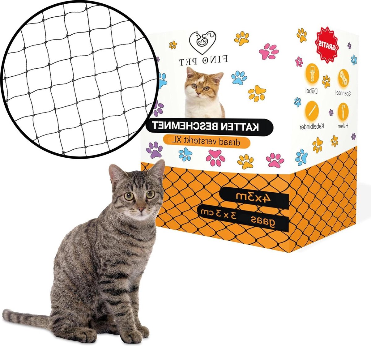Kattennet voor balkon draadversterkt 4 x 3 meter inclusief bevestigingsmateriaal kattenbeschermingsnet veiligheidsnet kattennet zonder boren