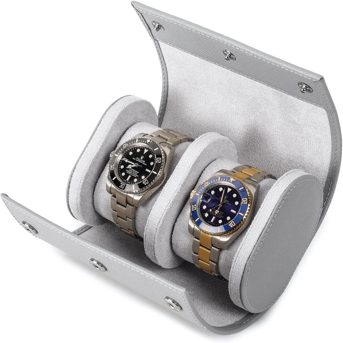 Echt Lederen Opberghoes voor 2 Horloges - Handgemaakte Saffiano Lederen Reishorloge Draagbare Case - Verwijderbare Kussens - Snag Montage Ontwerp - Grijs