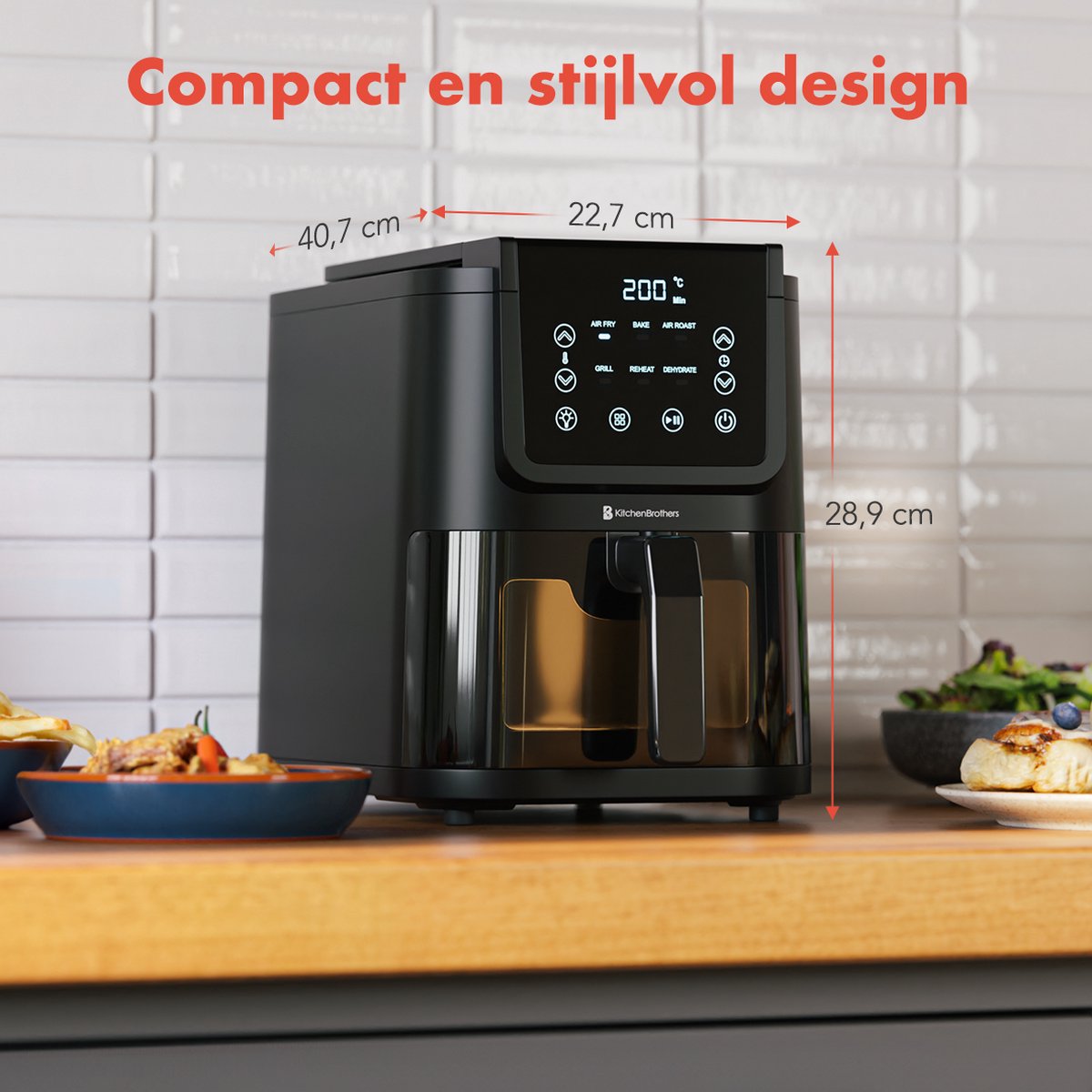 KitchenBrothers Airfryer XL - 1500W - PFAS-Vrij - 5L - Heteluchtfriteuse - 60ºC tot 200ºC - Met kijkvenster - Compact design - Extra stil - 6 Kookprogramma's - Zwart — afbeelding 5