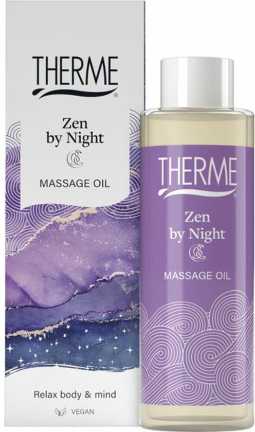 Fles THERME Zen by Night massageolie met verpakking. Lila abstracte print met witte golven.