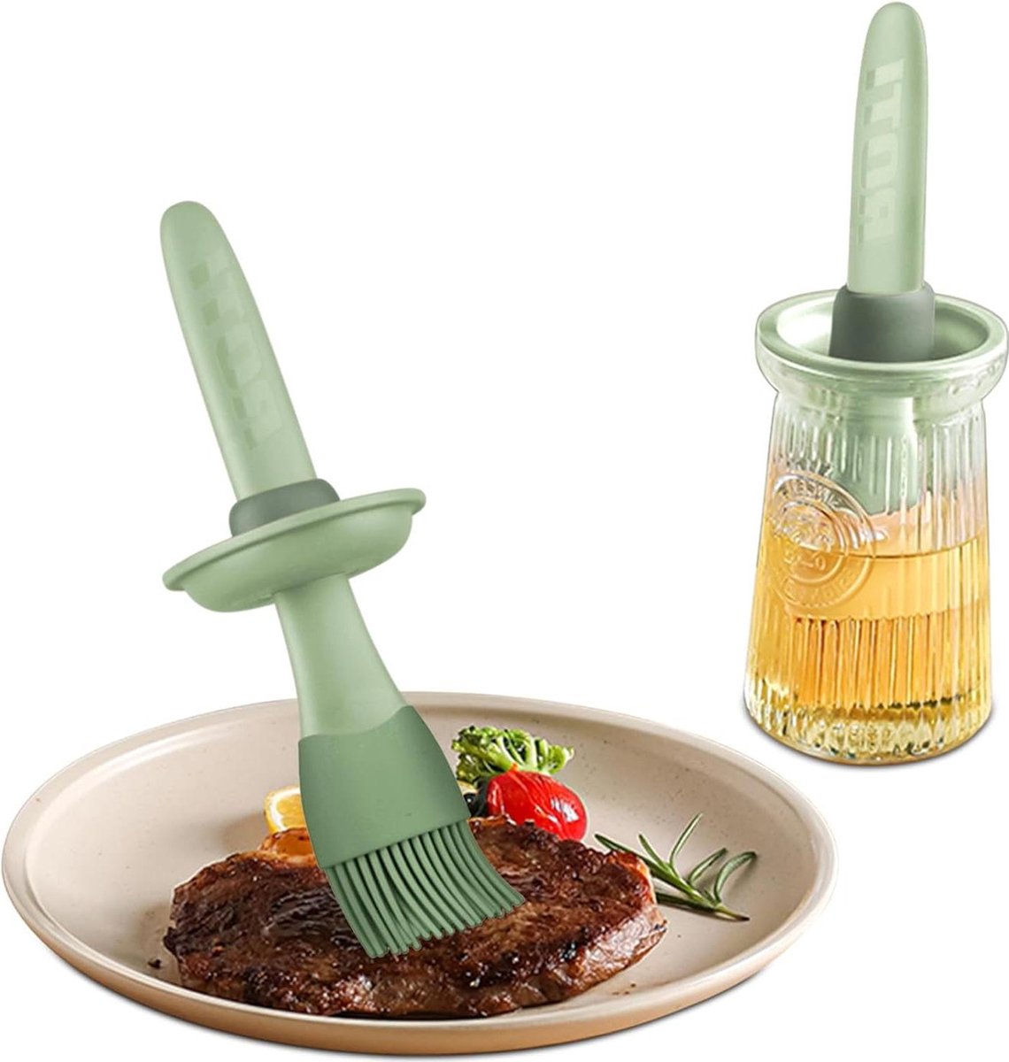 20 cm siliconen keukenkwast hittebestendig met lange handgreep 200 ml glazen oliefles-2-in-1 bakkwast- voor grillen-bakken-koken (groen)