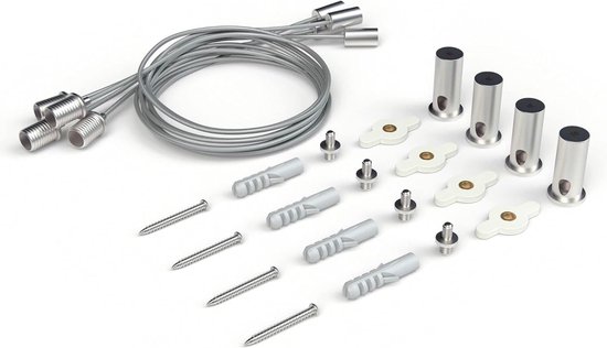Ophangsysteem met kabels, schroeven, pluggen en metalen bevestigingsonderdelen voor een infraroodpaneel.