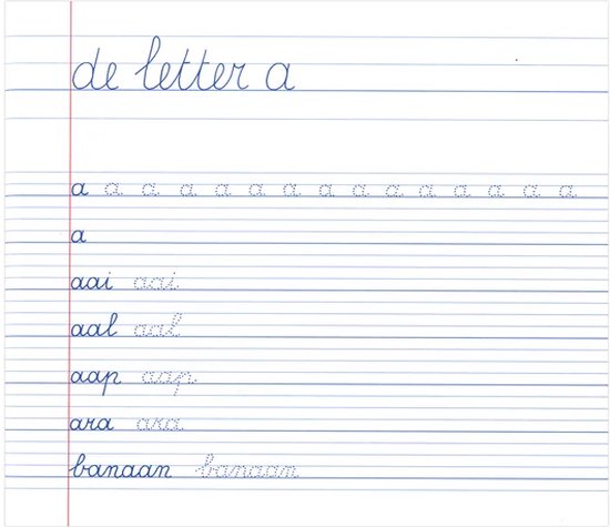 Exercice d'écriture sur papier à lignes bleues. Titre: 'la lettre a'. Lettres individuelles et mots courts sont pratiqués.
