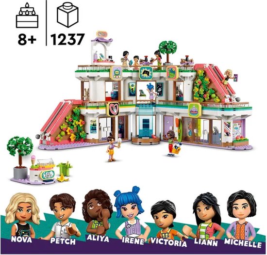 Centre commercial LEGO Friends avec 7 mini-poupées, dont Nova, Petch, Aliya, Irene, Victoria, Lianna et Michelle. À partir de 8 ans.