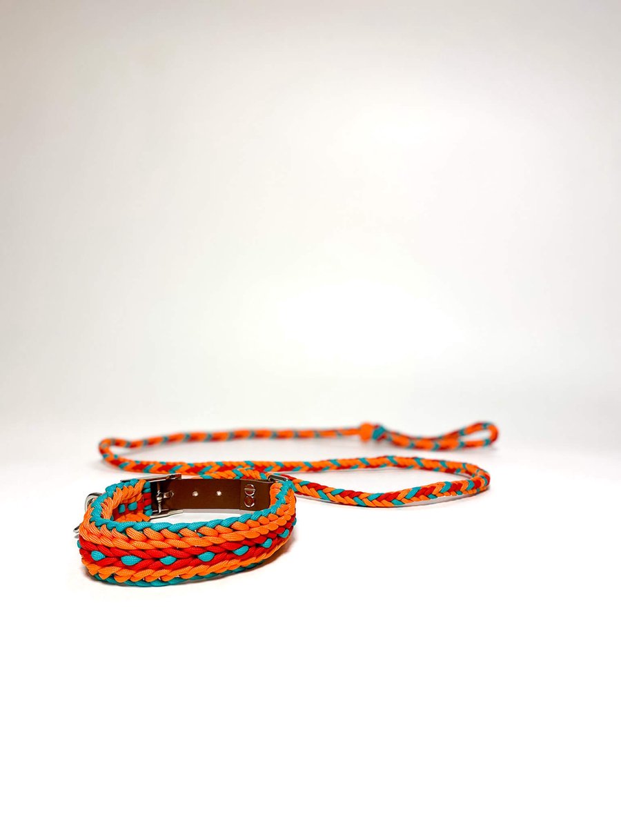 Maurette Set Halsband en leiband - uit Paracord - Halsband Diameter 42-50 cm - Leiband 150 cm - Medium - Blauw/Oranje/Rood