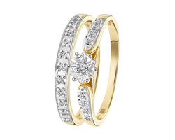 Lucardi Dames Dubbele ring 20 diamanten 0,10ct - Ring - Cadeau voor vrouwen - 14 Karaat Goud - Geelgoud