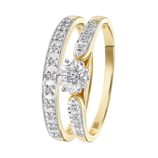Lucardi Dames Dubbele ring 20 diamanten 0,10ct - Ring - Cadeau voor vrouwen - 14 Karaat Goud - Geelgoud