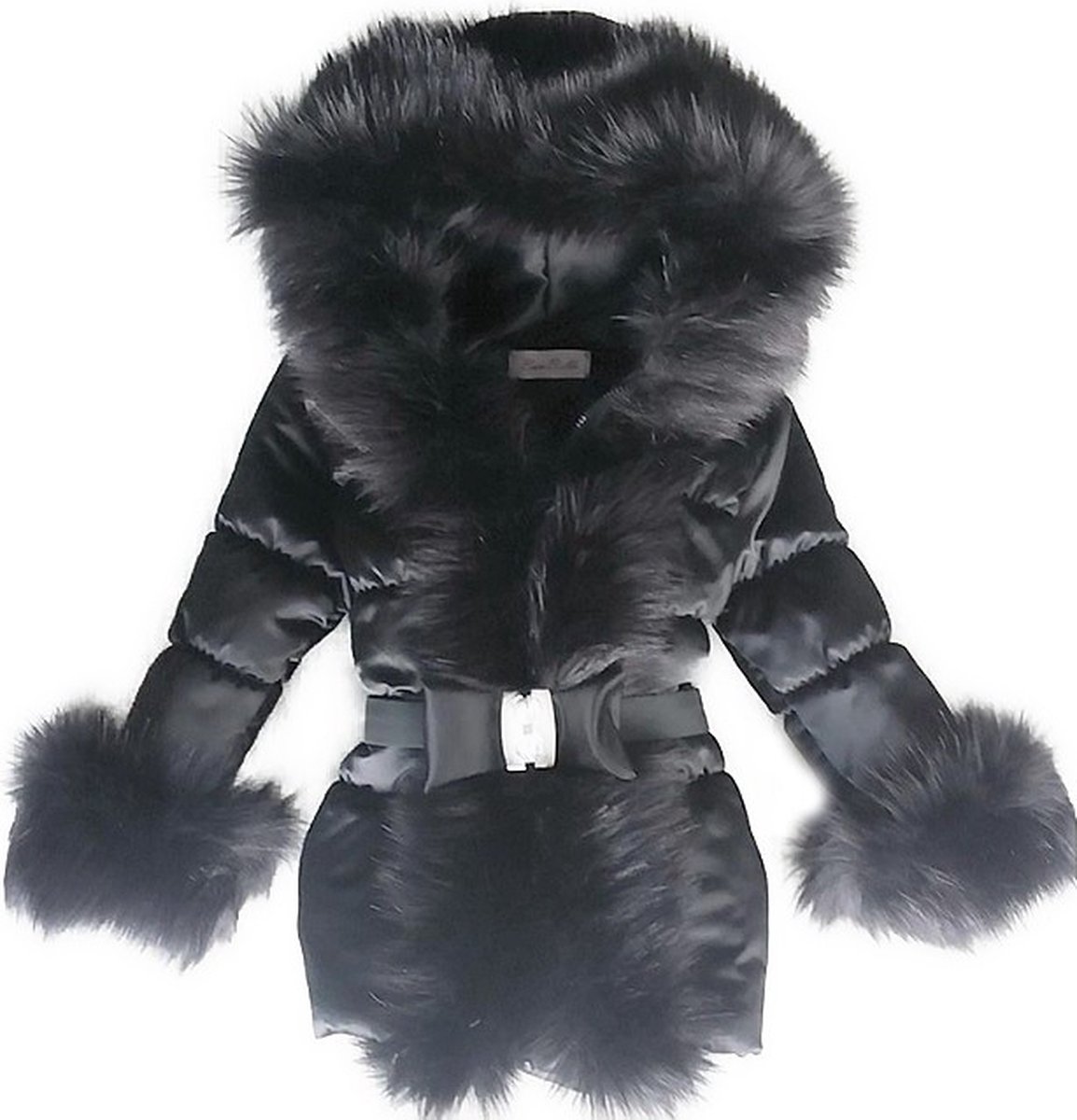 BamBella® Winterjas zwart - Maat 110- Luxe Bontkraag jas Imitatiebont jas kind zwart kinderjas jasje met grote bontkraag