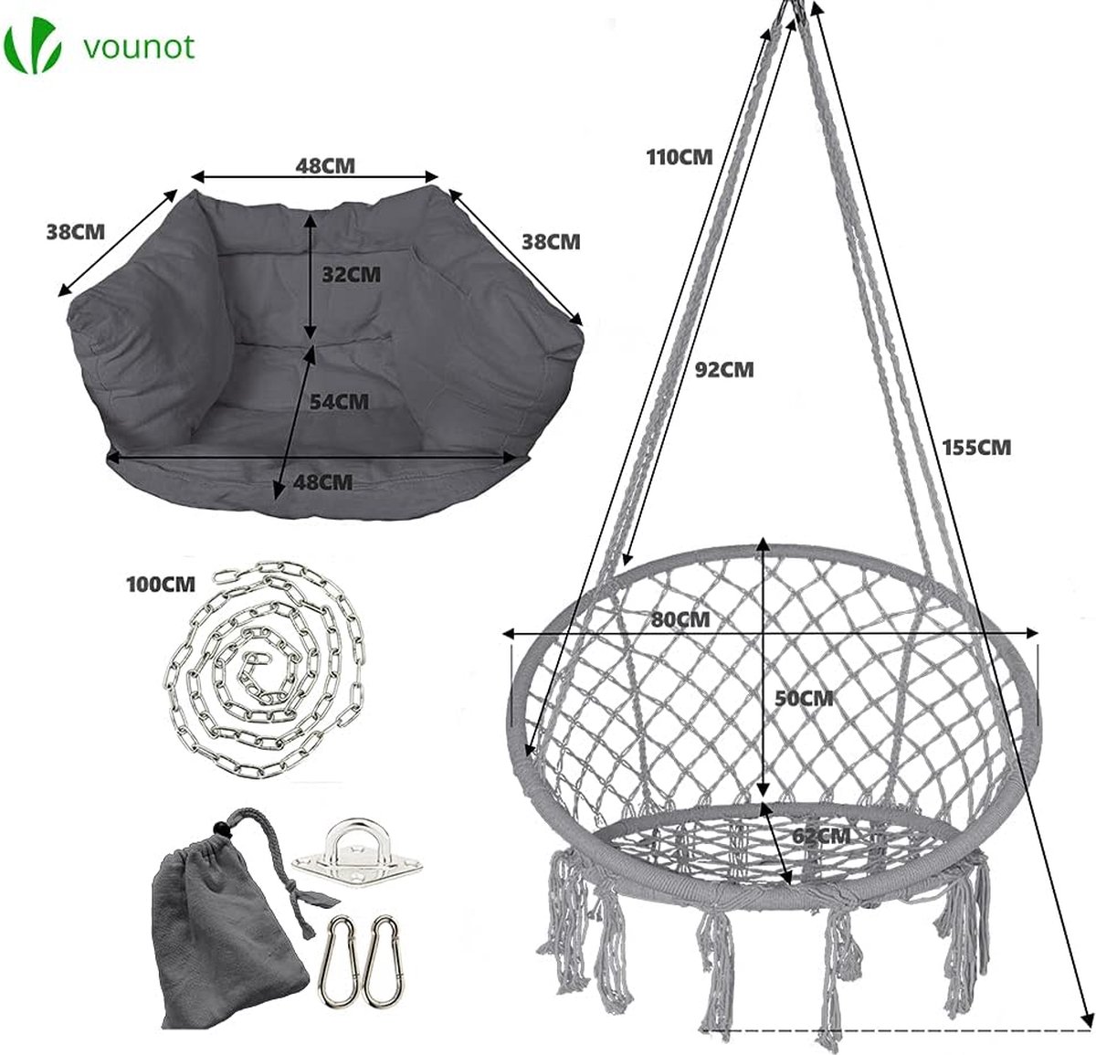 Hangstoel hangschommel hangstoel tuin macramé kwasten Boho 120kg beige